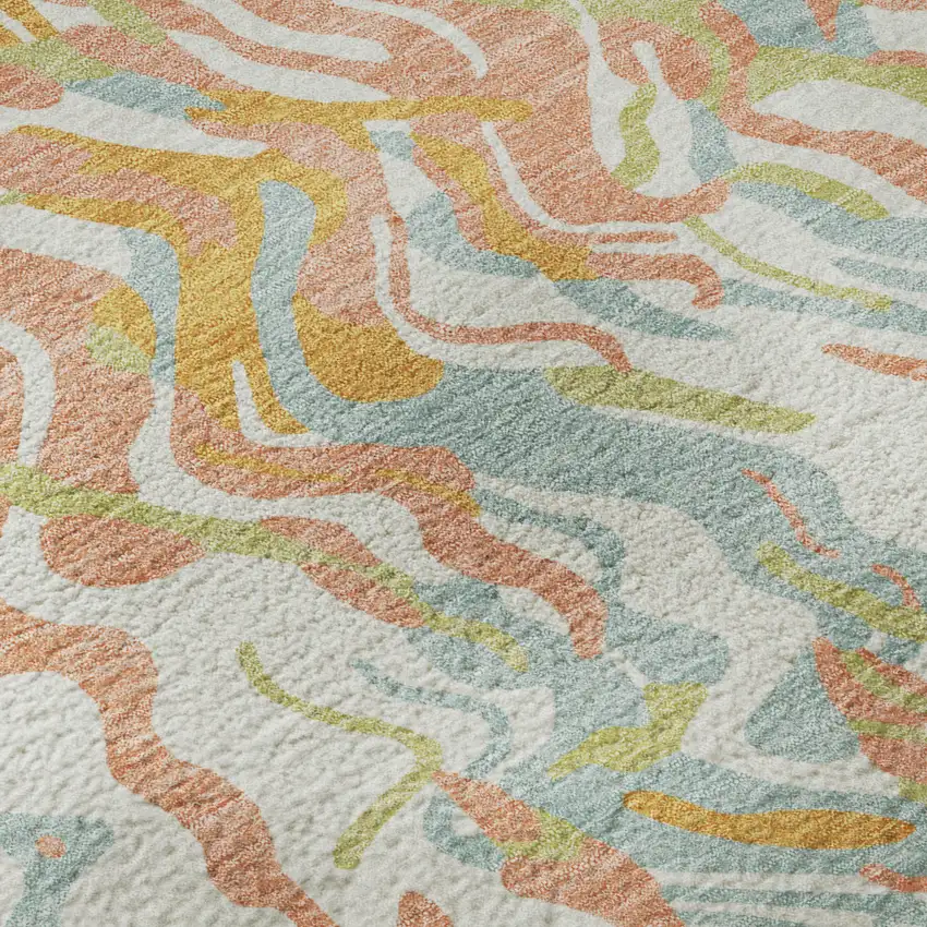 Coral Mint Green And Sky Blue Abstract Washable Area Rug With UV Protection Photo 9