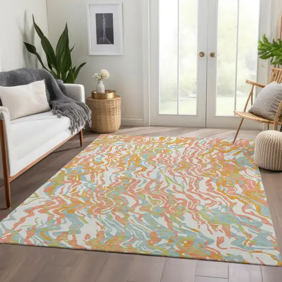 Coral Mint Green And Sky Blue Abstract Washable Area Rug With UV Protection Photo 5
