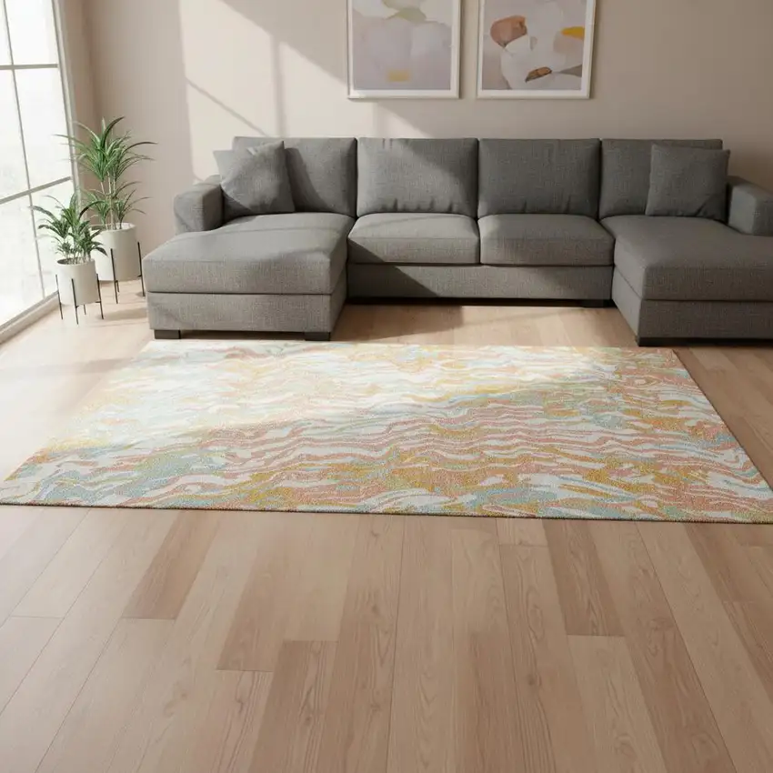 Coral Mint Green And Sky Blue Abstract Washable Area Rug With UV Protection Photo 2