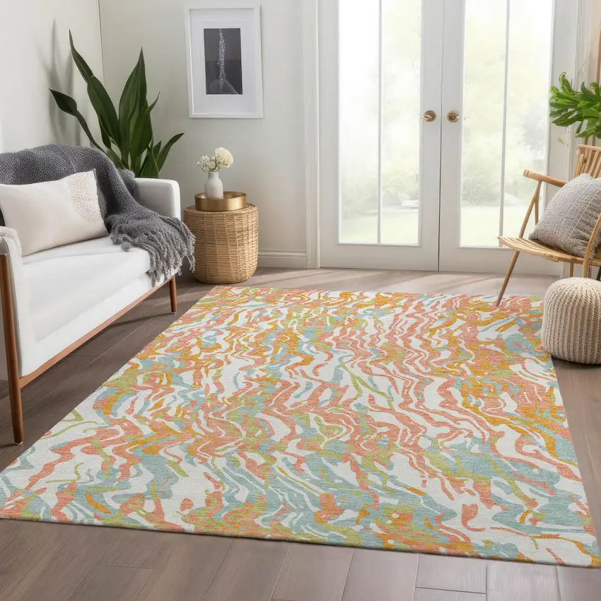 Coral Mint Green And Sky Blue Abstract Washable Area Rug With UV Protection Photo 5