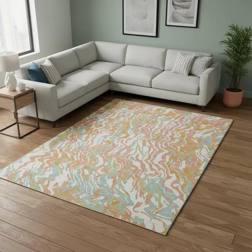 Coral Mint Green And Sky Blue Abstract Washable Area Rug With UV Protection Photo 2