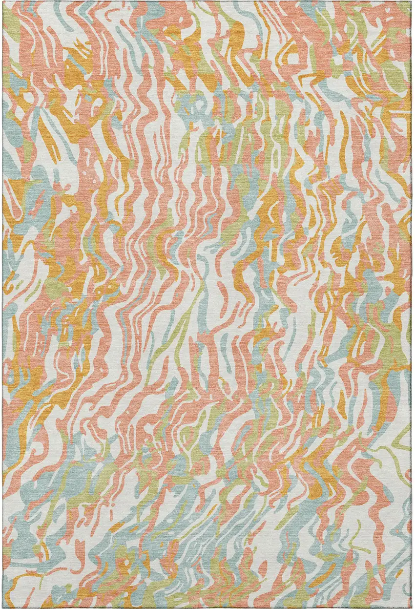 Coral Mint Green And Sky Blue Abstract Washable Area Rug With UV Protection Photo 3