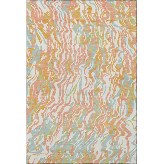 Coral Mint Green And Sky Blue Abstract Washable Area Rug With UV Protection Photo 3