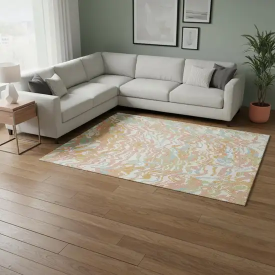 Coral Mint Green And Sky Blue Abstract Washable Area Rug With UV Protection Photo 2