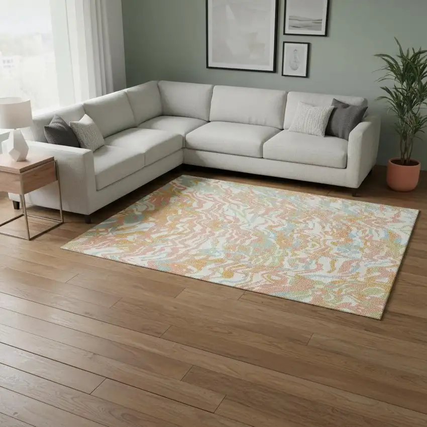 Coral Mint Green And Sky Blue Abstract Washable Area Rug With UV Protection Photo 2