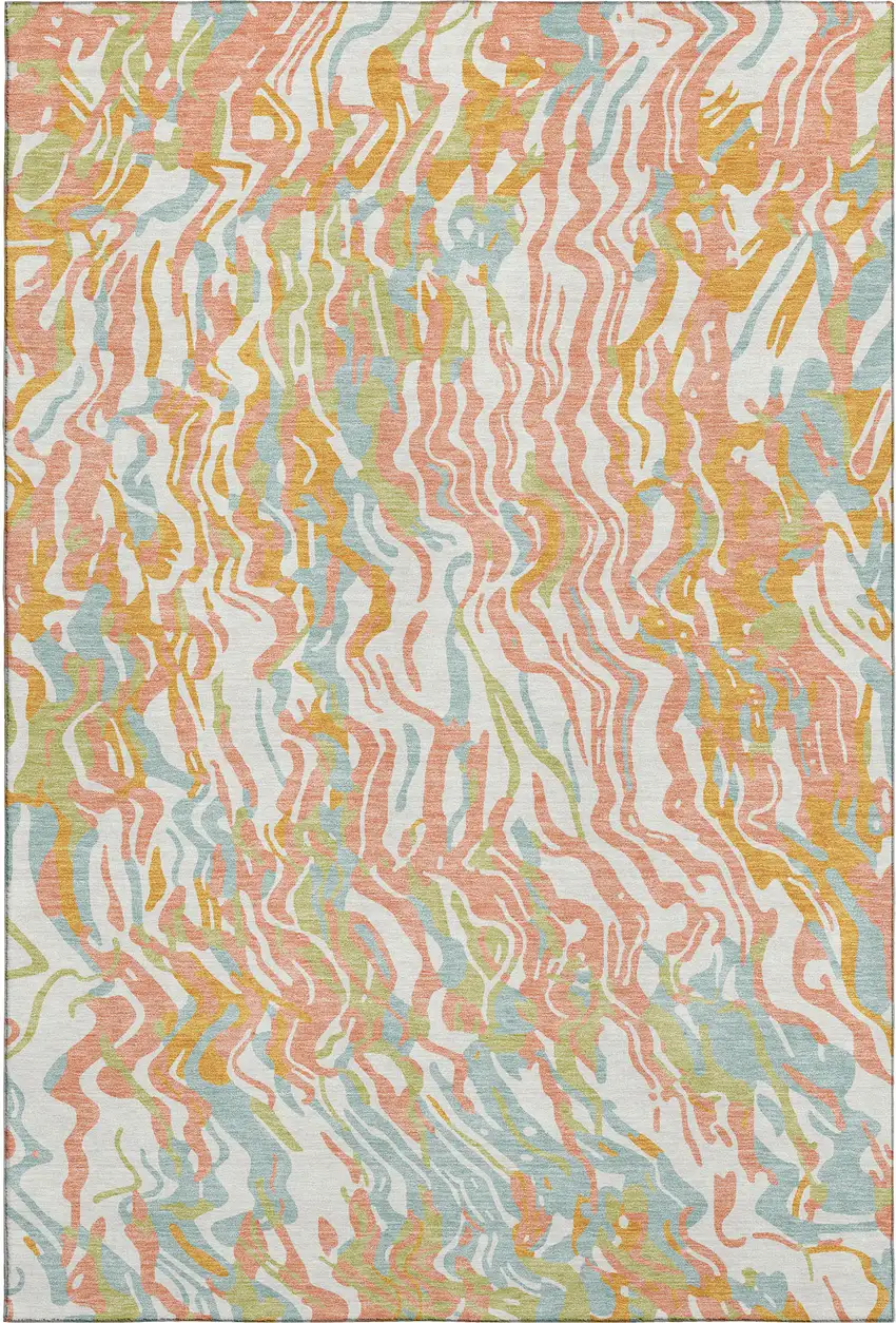 Coral Mint Green And Sky Blue Abstract Washable Area Rug With UV Protection Photo 1