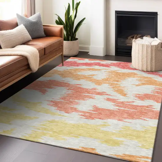 Coral Orange And Gold Abstract Washable Area Rug With UV Protection Photo 5