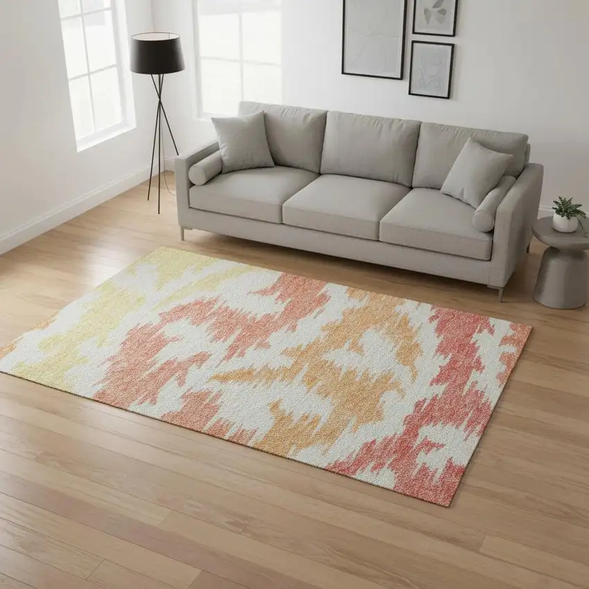 Coral Orange And Gold Abstract Washable Area Rug With UV Protection Photo 2