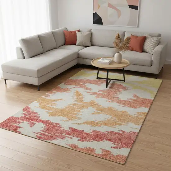 Coral Orange And Gold Abstract Washable Area Rug With UV Protection Photo 2