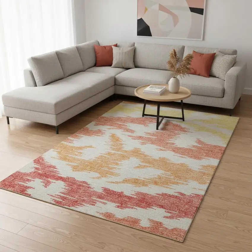 Coral Orange And Gold Abstract Washable Area Rug With UV Protection Photo 2