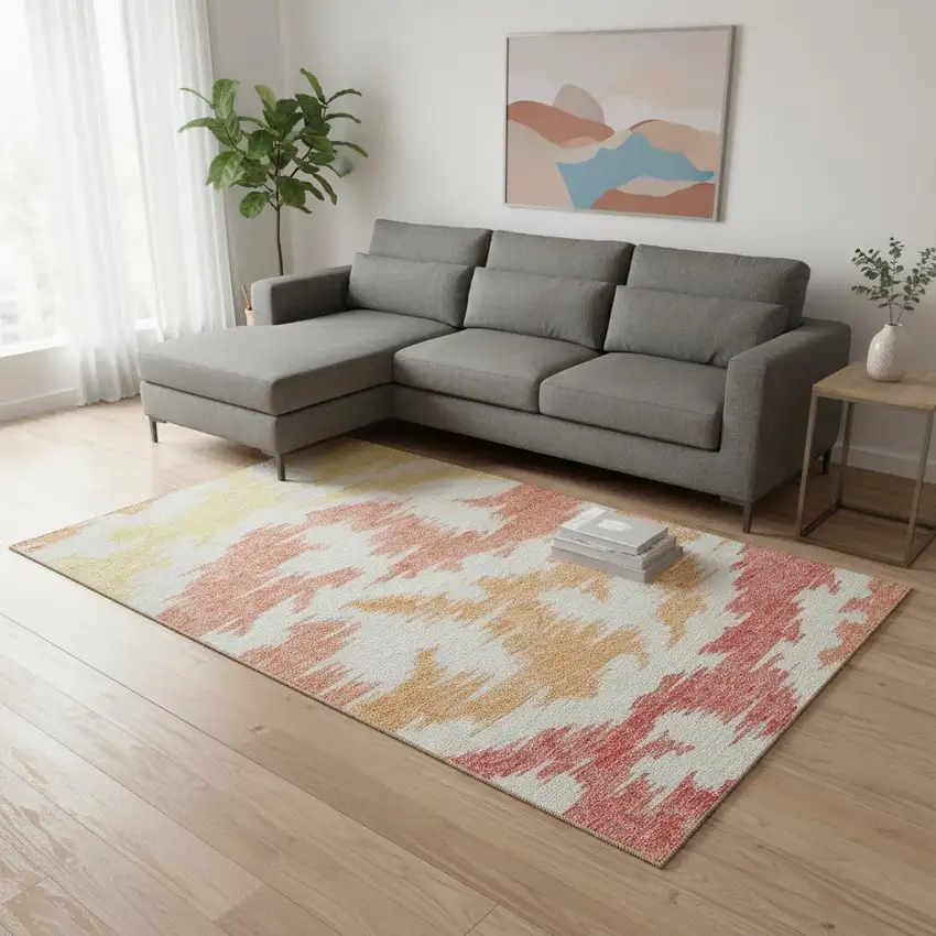 Coral Orange And Gold Abstract Washable Area Rug With UV Protection Photo 2