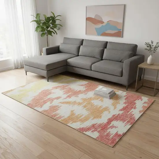 Coral Orange And Gold Abstract Washable Area Rug With UV Protection Photo 2