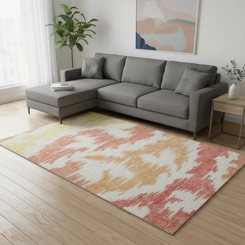 Coral Orange And Gold Abstract Washable Area Rug With UV Protection Photo 2