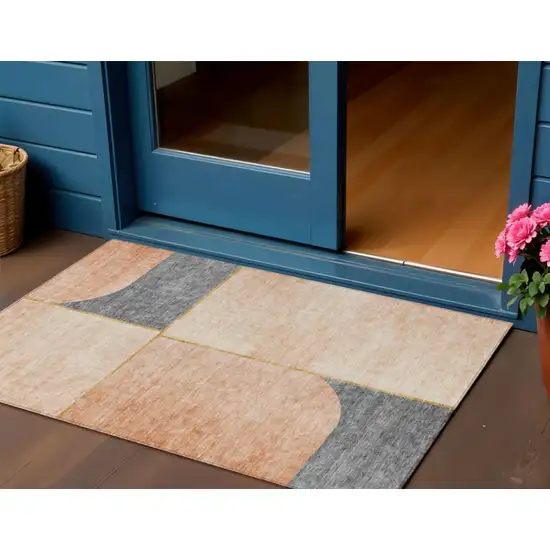 Coral Peach And Gray Abstract Washable Indoor Outdoor Area Rug Photo 1