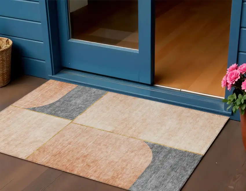 Coral Peach And Gray Abstract Washable Indoor Outdoor Area Rug Photo 1
