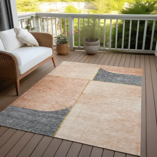 Coral Peach And Gray Abstract Washable Indoor Outdoor Area Rug Photo 6