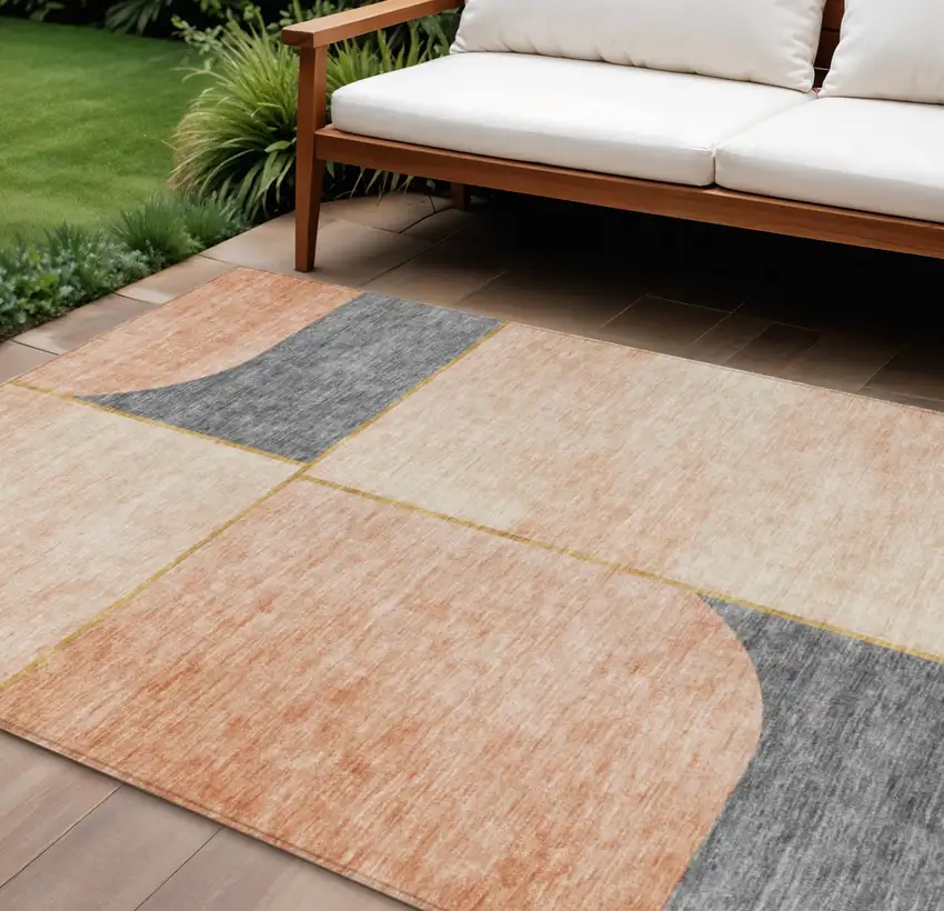 Coral Peach And Gray Abstract Washable Indoor Outdoor Area Rug Photo 1
