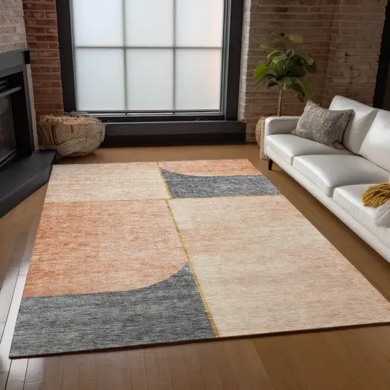Coral Peach And Gray Abstract Washable Indoor Outdoor Area Rug Photo 8