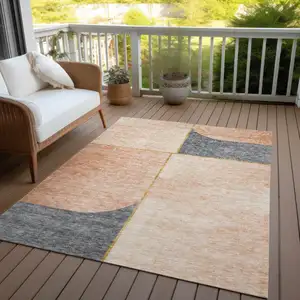Photo of Coral Peach And Gray Abstract Washable Indoor Outdoor Area Rug