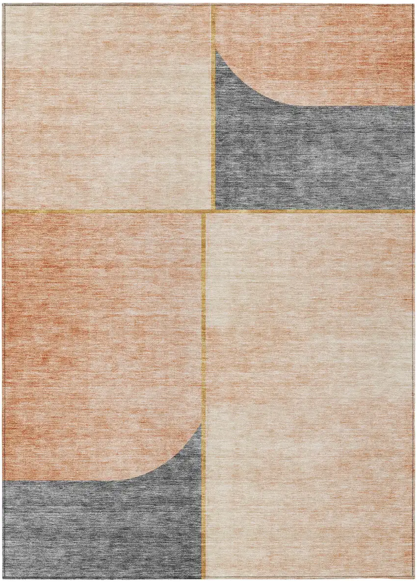 Coral Peach And Gray Abstract Washable Indoor Outdoor Area Rug Photo 1