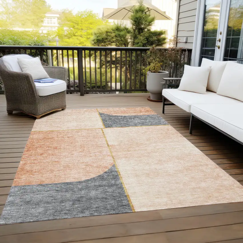 Coral Peach And Gray Abstract Washable Indoor Outdoor Area Rug Photo 9