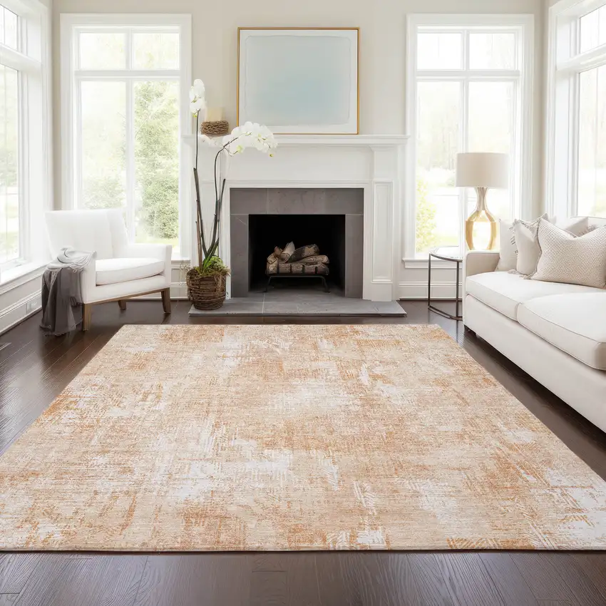Coral Peach And Ivory Abstract Washable Indoor Outdoor Area Rug Photo 8