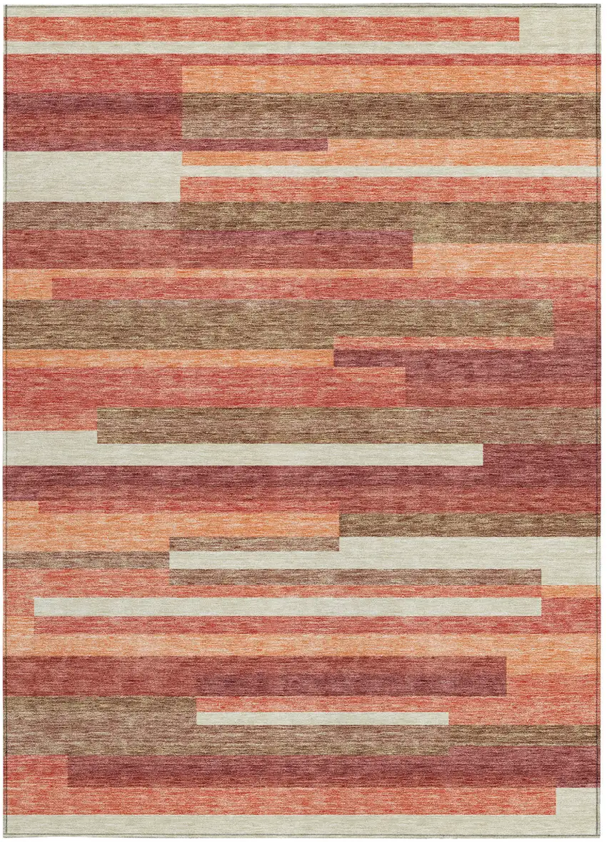 Coral Peach And Taupe Striped Washable Indoor Outdoor Area Rug Photo 7