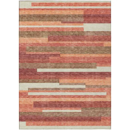 Coral Peach And Taupe Striped Washable Indoor Outdoor Area Rug Photo 2