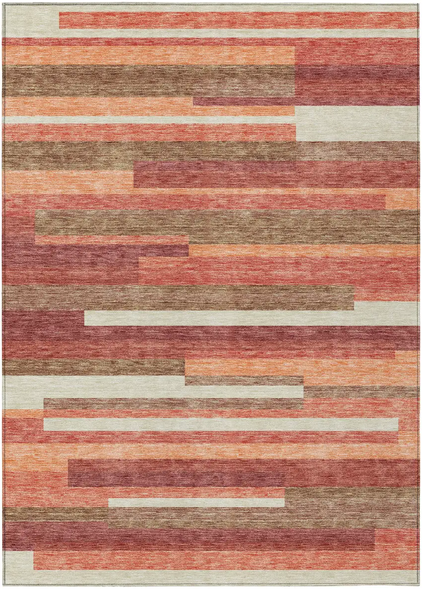 Coral Peach And Taupe Striped Washable Indoor Outdoor Area Rug Photo 2