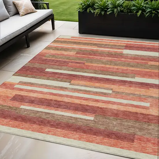 Coral Peach And Taupe Striped Washable Indoor Outdoor Area Rug Photo 1