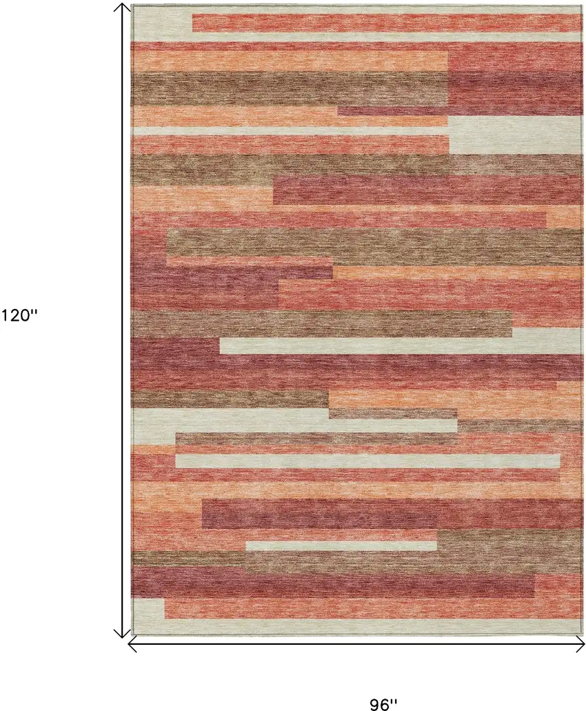 Coral Peach And Taupe Striped Washable Indoor Outdoor Area Rug Photo 3