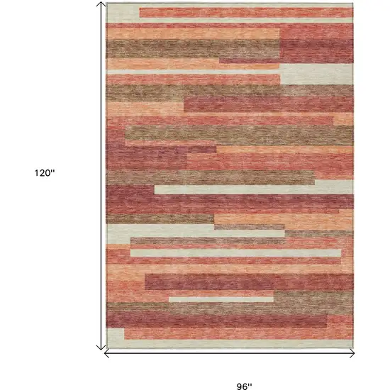 Coral Peach And Taupe Striped Washable Indoor Outdoor Area Rug Photo 3