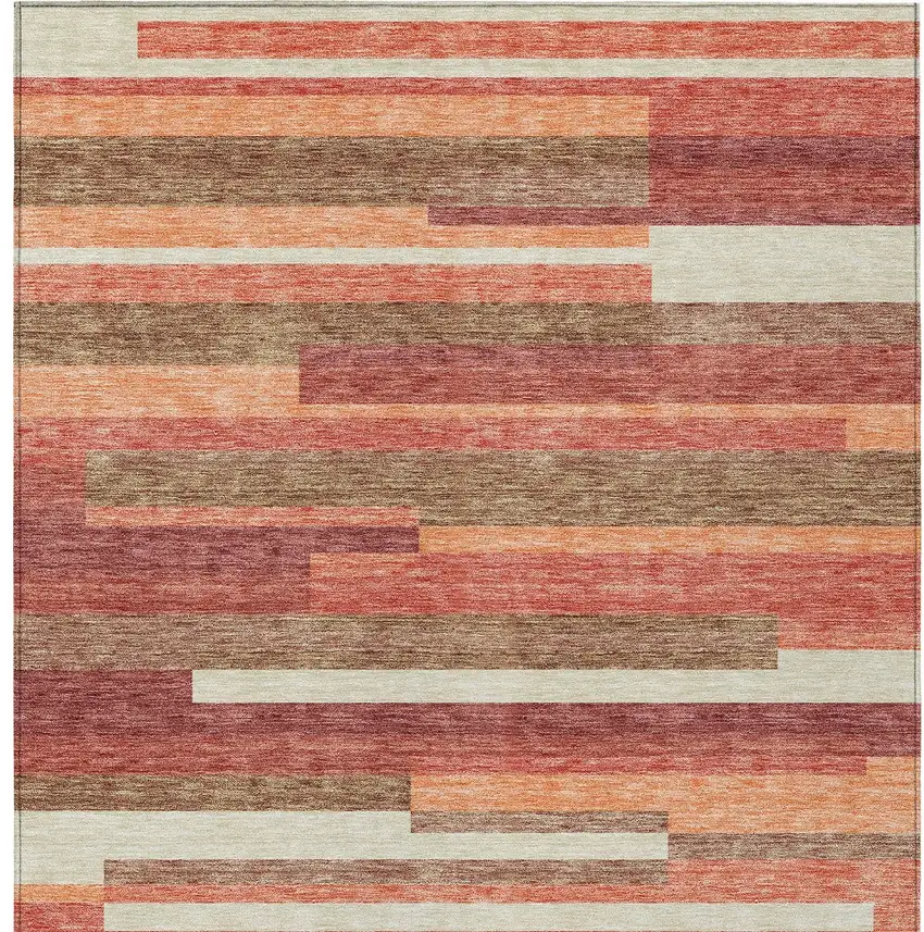 Coral Peach And Taupe Striped Washable Indoor Outdoor Area Rug Photo 6