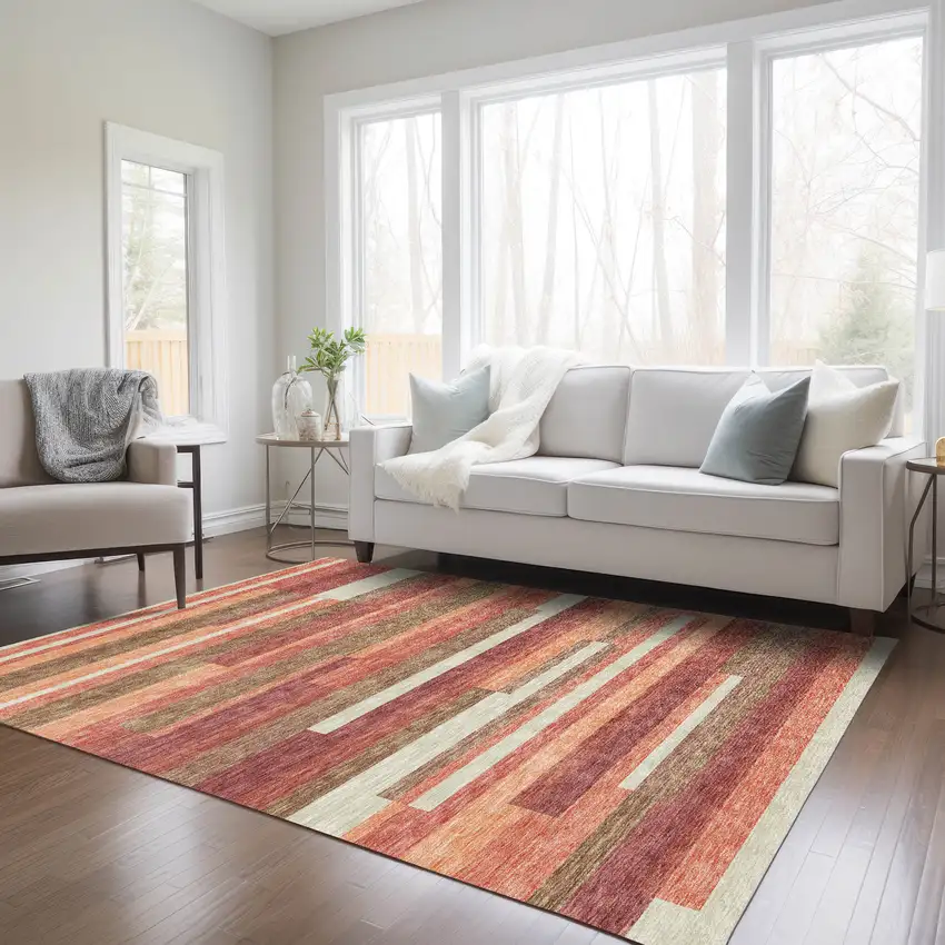 Coral Peach And Taupe Striped Washable Indoor Outdoor Area Rug Photo 9