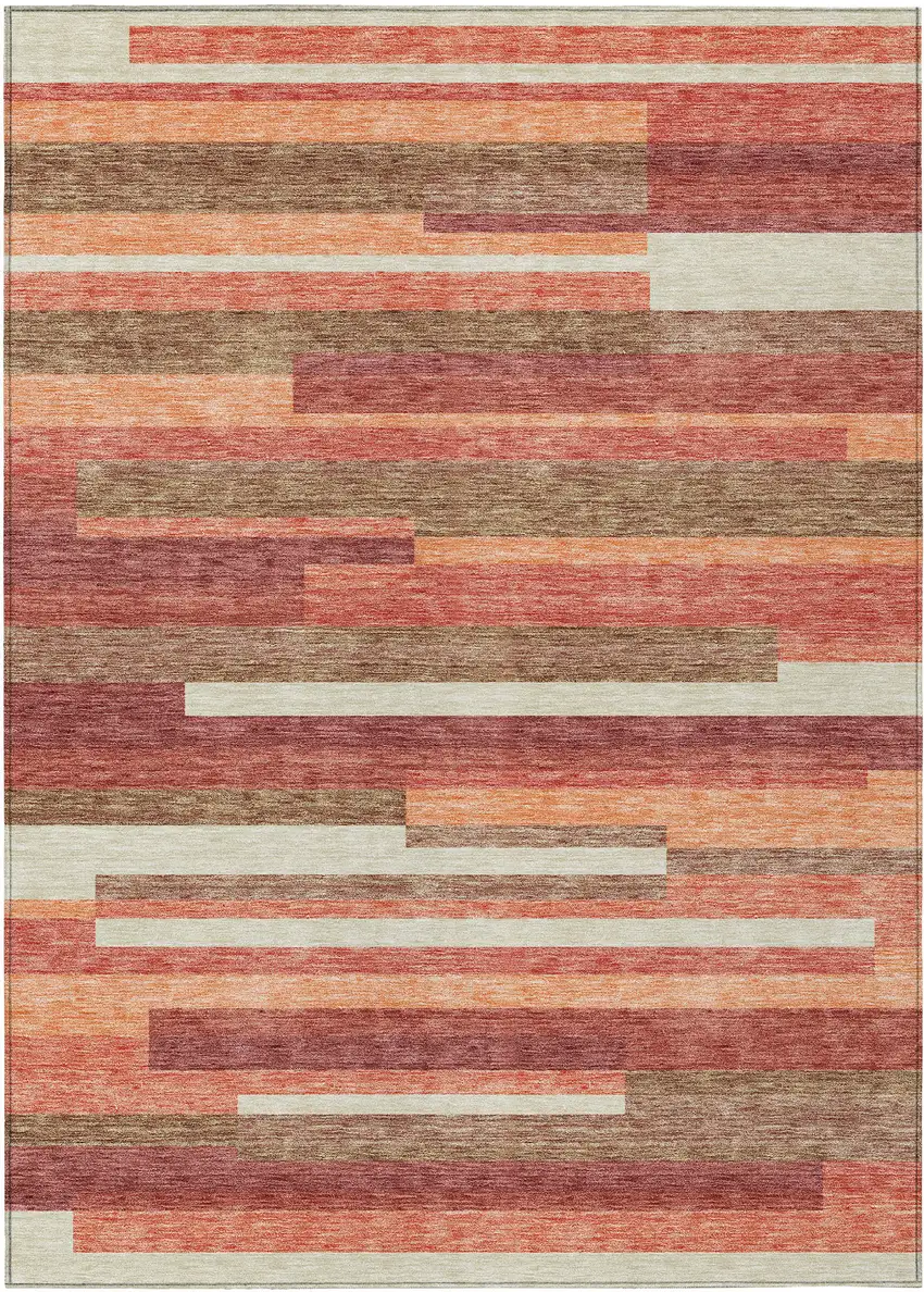 Coral Peach And Taupe Striped Washable Indoor Outdoor Area Rug Photo 1