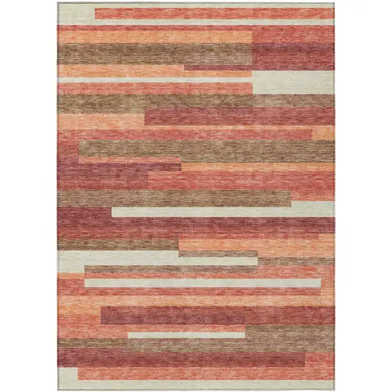 Coral Peach And Taupe Striped Washable Indoor Outdoor Area Rug Photo 1
