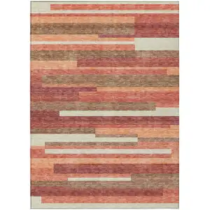 Photo of Coral Peach And Taupe Striped Washable Indoor Outdoor Area Rug