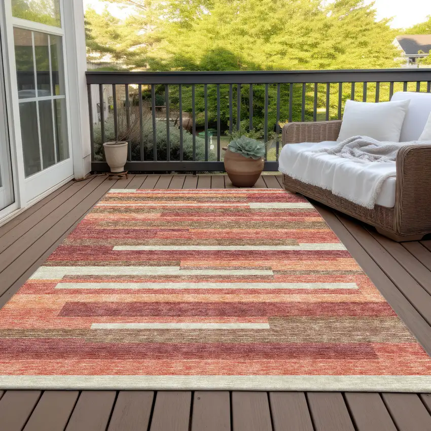 Coral Peach And Taupe Striped Washable Indoor Outdoor Area Rug Photo 7
