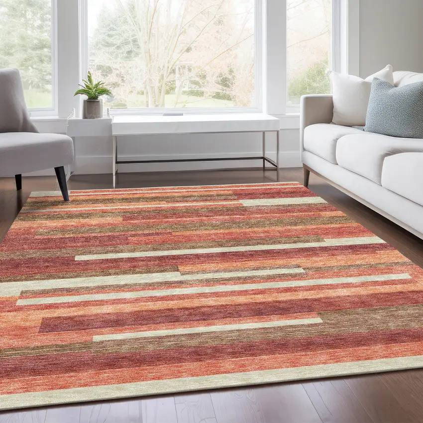 Coral Peach And Taupe Striped Washable Indoor Outdoor Area Rug Photo 8
