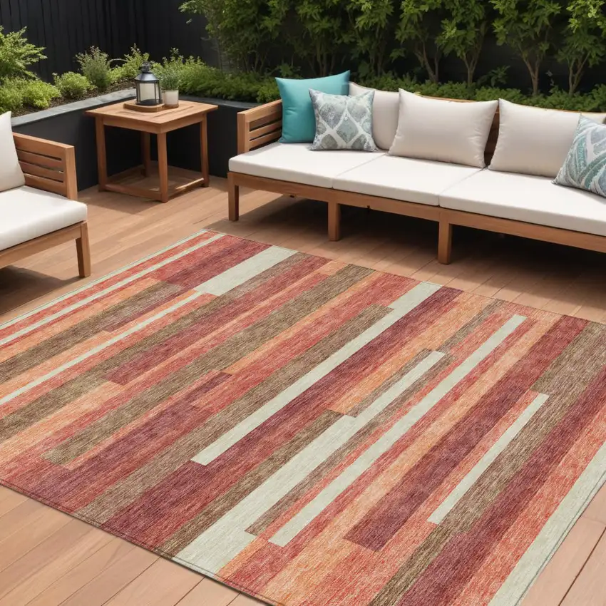 Coral Peach And Taupe Striped Washable Indoor Outdoor Area Rug Photo 1