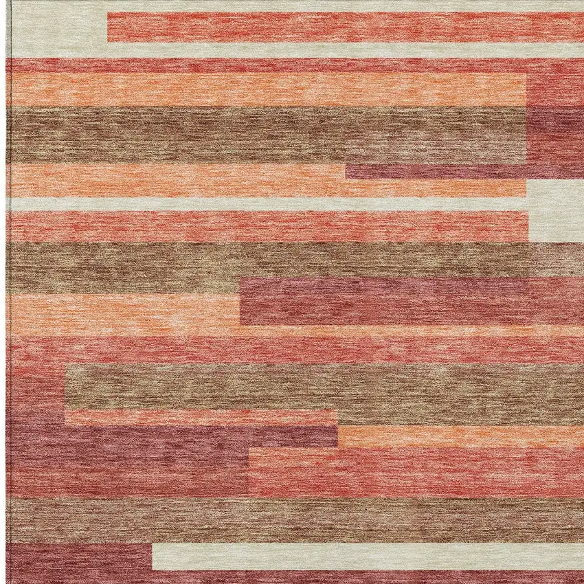Coral Peach And Taupe Striped Washable Indoor Outdoor Area Rug Photo 5