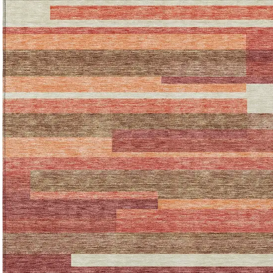 Coral Peach And Taupe Striped Washable Indoor Outdoor Area Rug Photo 5