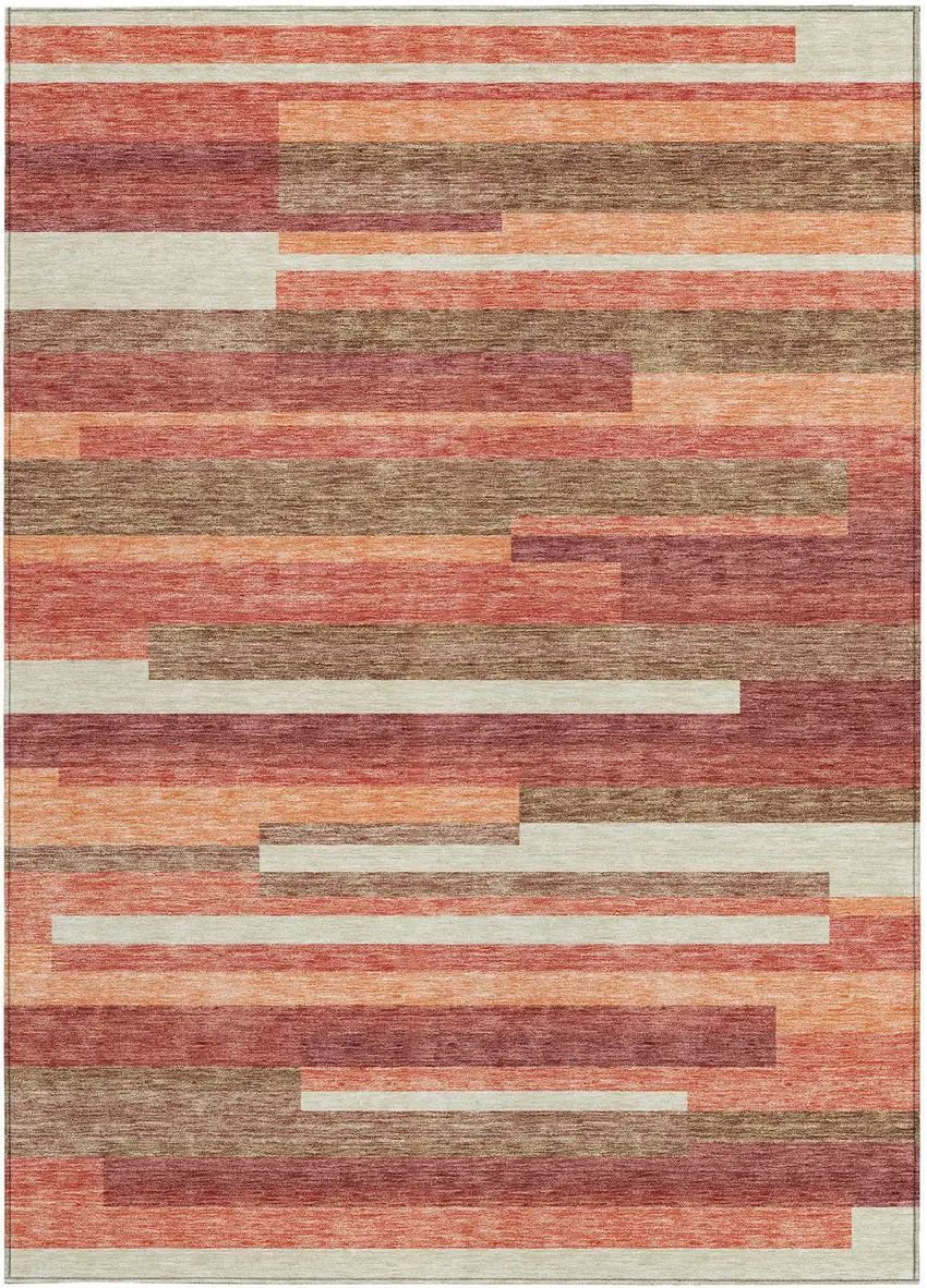 Coral Peach And Taupe Striped Washable Indoor Outdoor Area Rug Photo 6