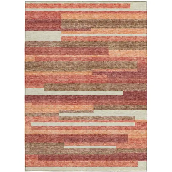 Coral Peach And Taupe Striped Washable Indoor Outdoor Area Rug Photo 6