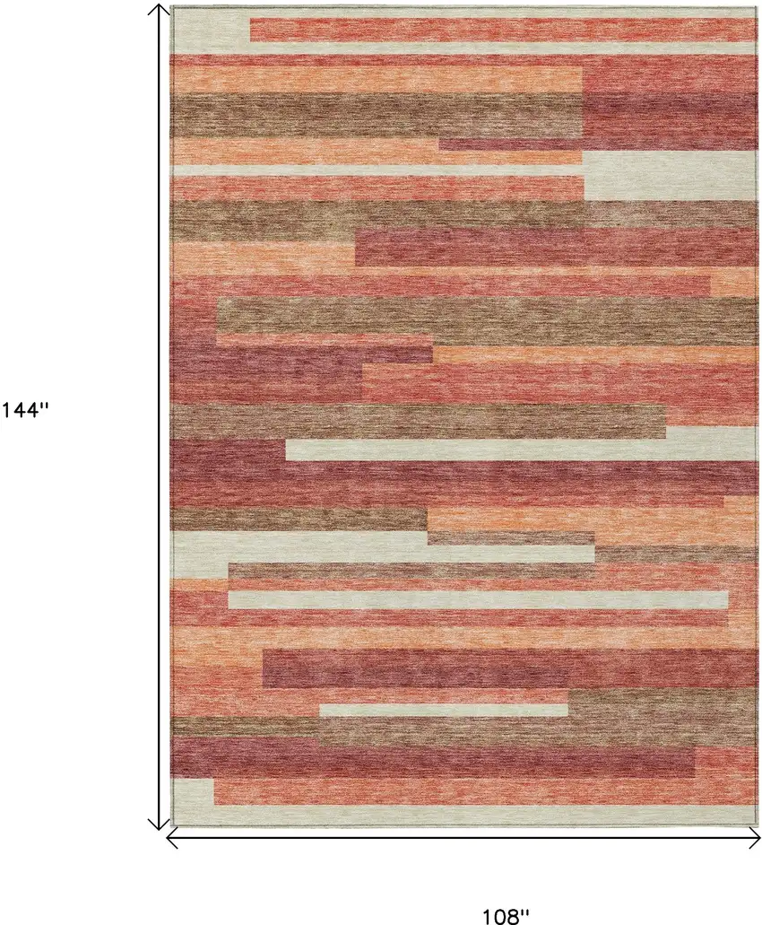 Coral Peach And Taupe Striped Washable Indoor Outdoor Area Rug Photo 3