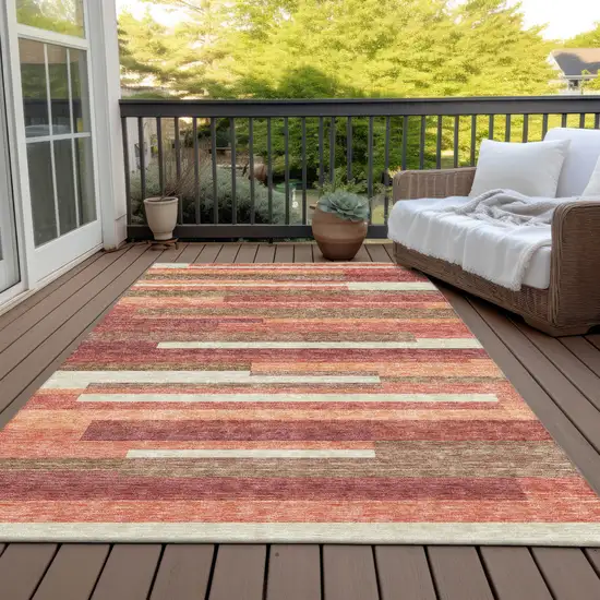 Coral Peach And Taupe Striped Washable Indoor Outdoor Area Rug Photo 7