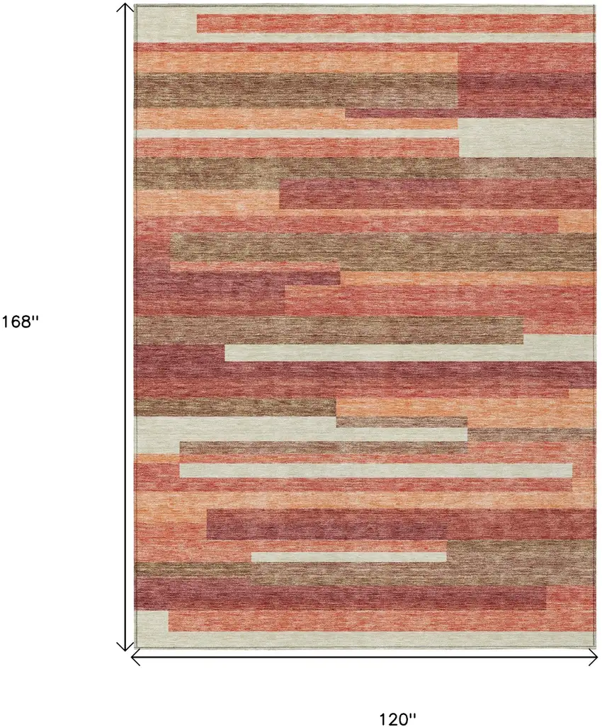Coral Peach And Taupe Striped Washable Indoor Outdoor Area Rug Photo 3