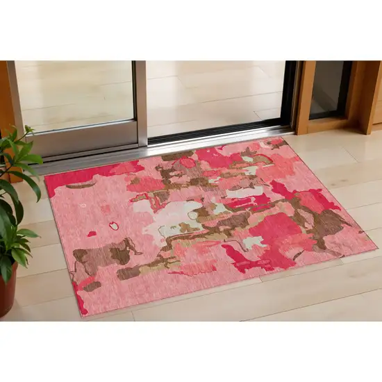 Coral Pink And Brown Abstract Washable Indoor Outdoor Area Rug Photo 1