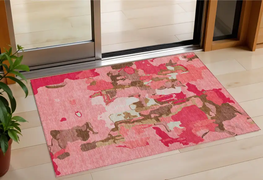 Coral Pink And Brown Abstract Washable Indoor Outdoor Area Rug Photo 1