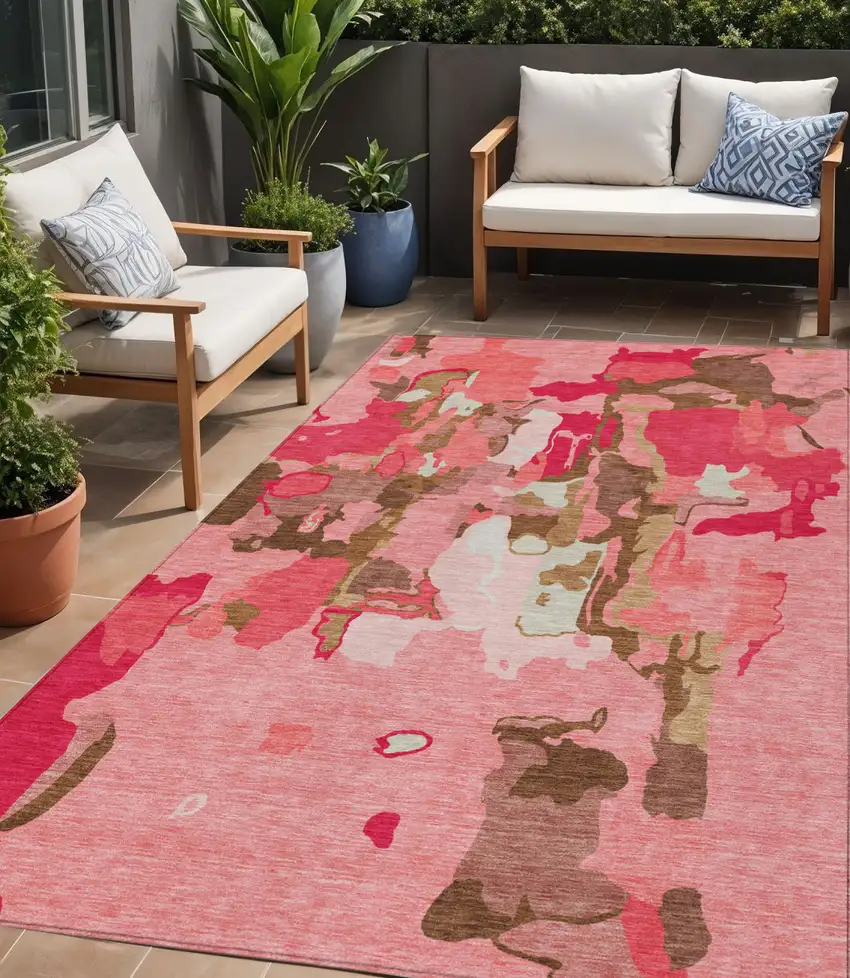 Coral Pink And Brown Abstract Washable Indoor Outdoor Area Rug Photo 1